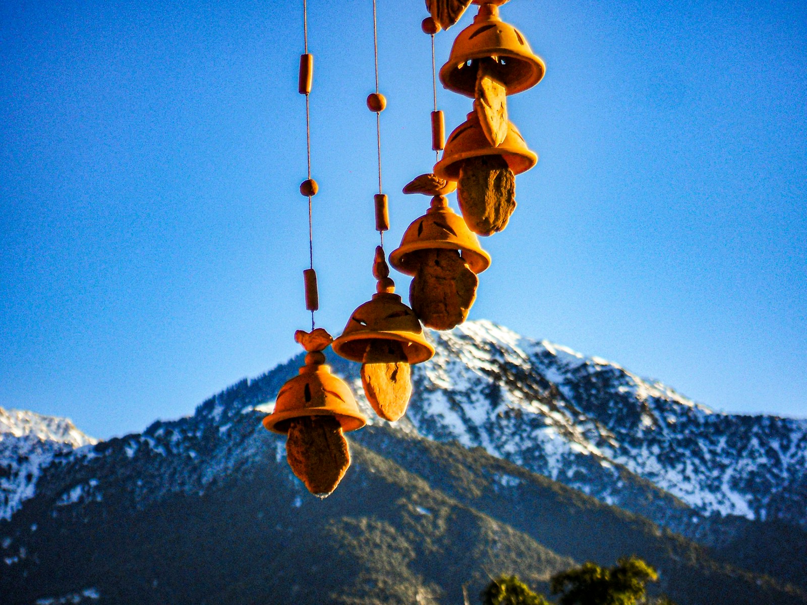 a group of bells hanging from the side of a mountain